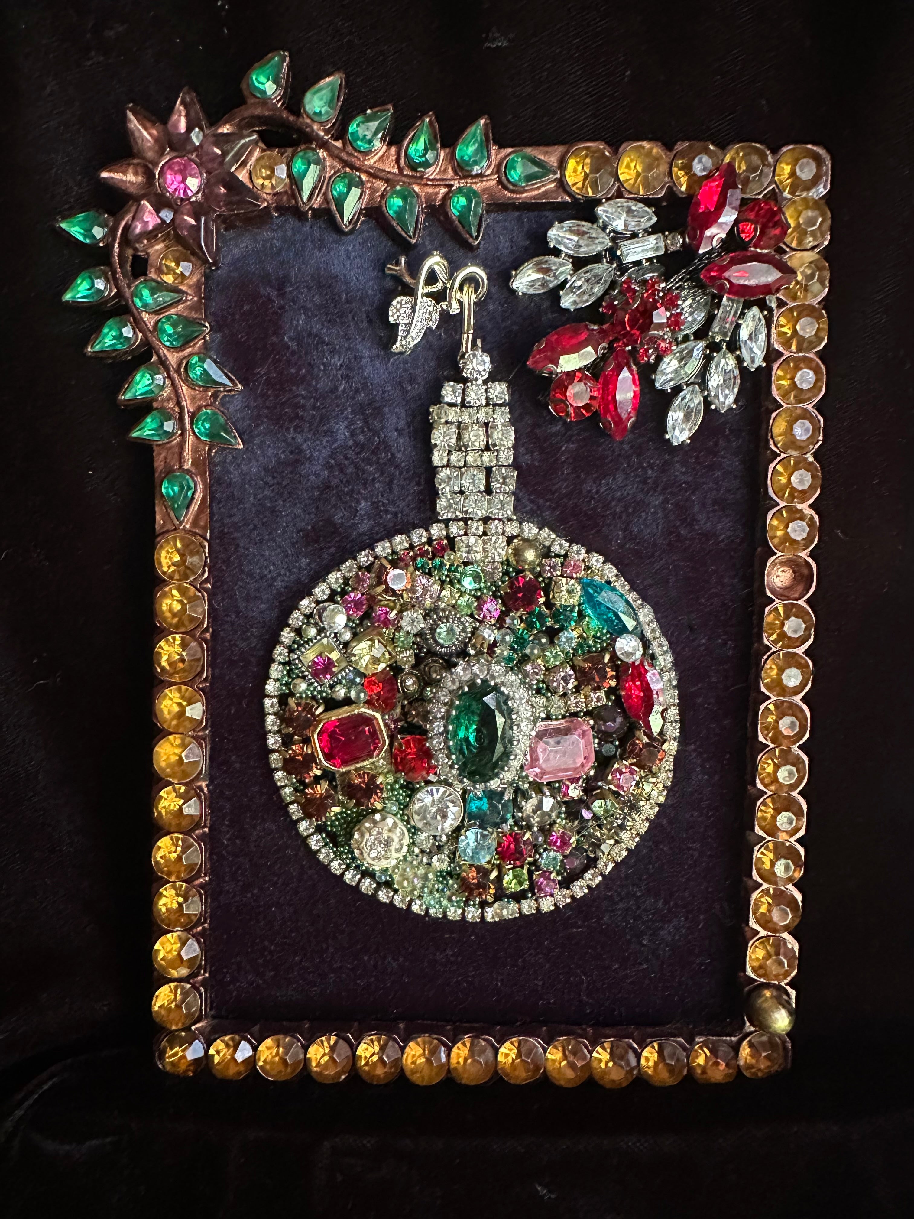 Christmas Ornament #2 — Framed Rhinestone & Emerald Vintage Brooch