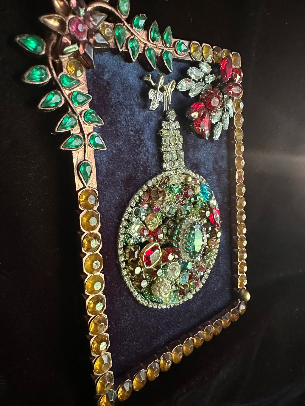 Christmas Ornament #2 — Framed Rhinestone & Emerald Vintage Brooch