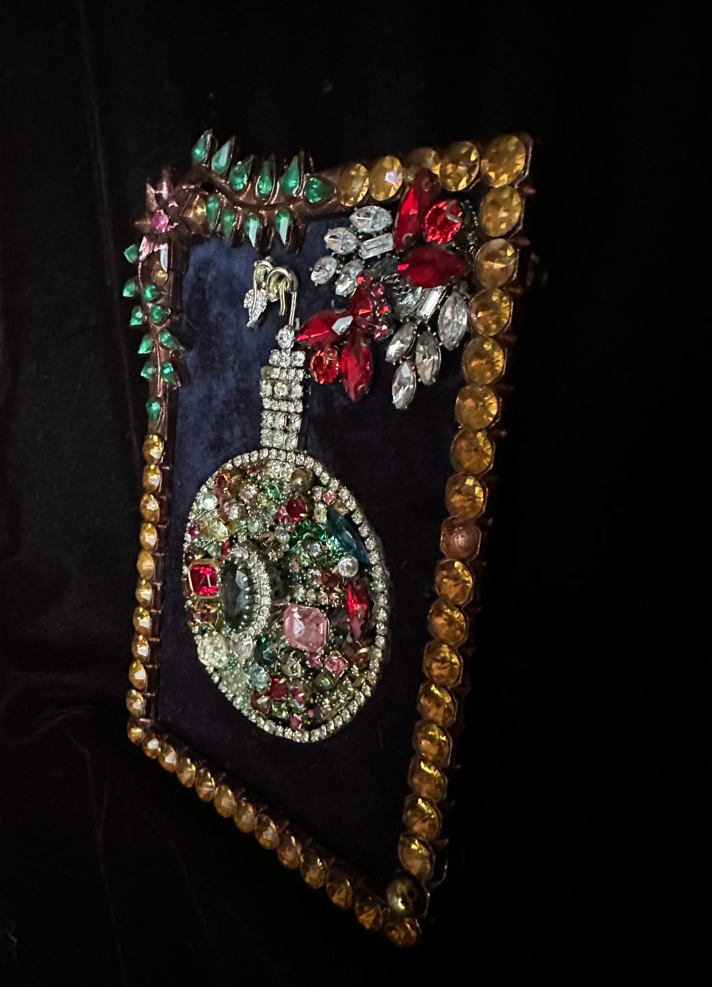 Christmas Ornament #2 — Framed Rhinestone & Emerald Vintage Brooch