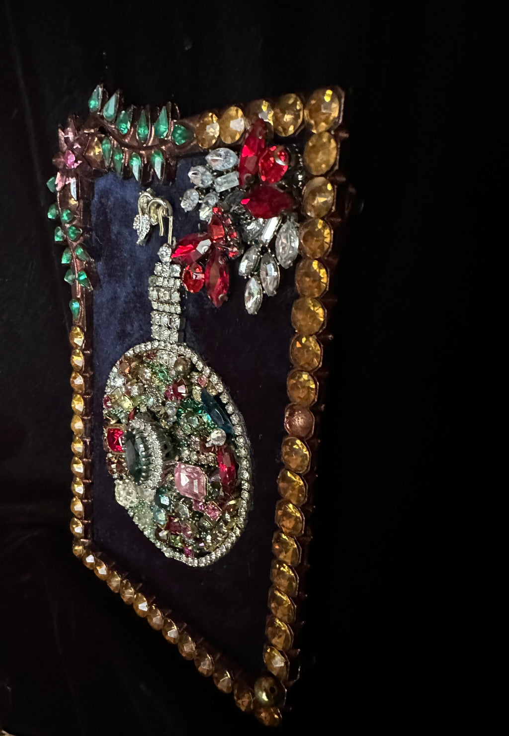 Christmas Ornament #2 — Framed Rhinestone & Emerald Vintage Brooch