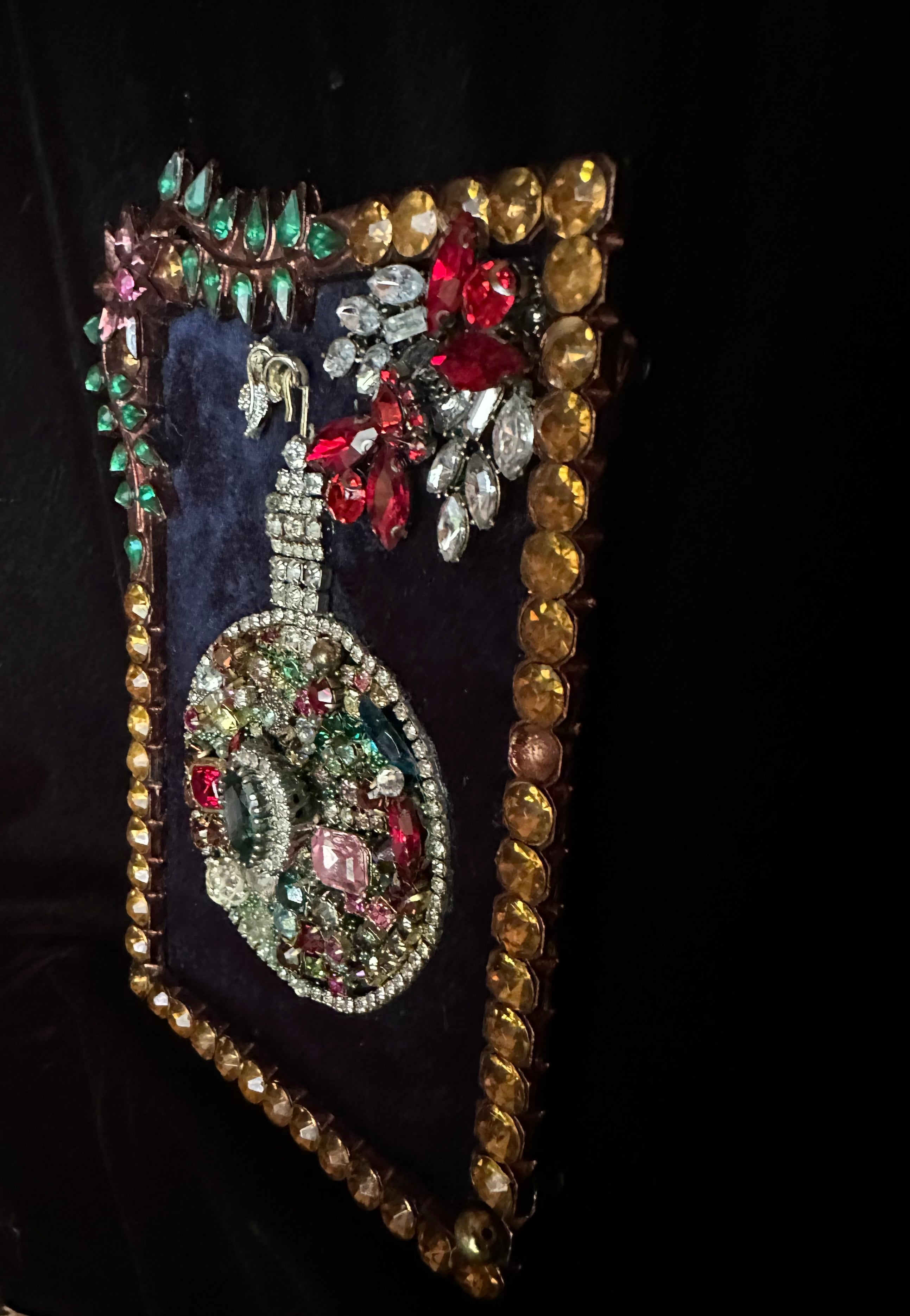 Christmas Ornament #2 — Framed Rhinestone & Emerald Vintage Brooch